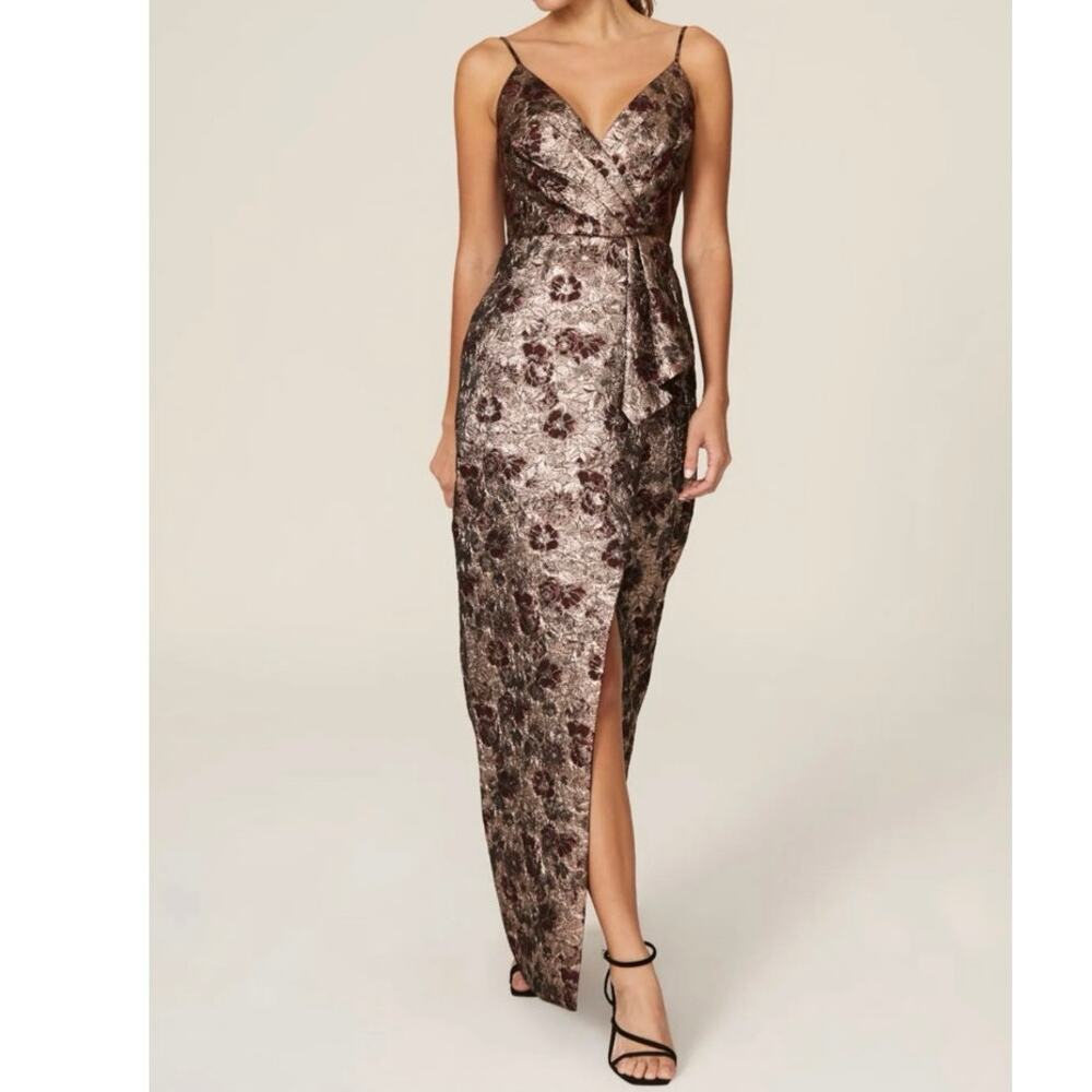 Monique Lhuillier Bronze Floral Metallic Maxi Dress